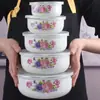 Tigela de Esmalte Selada Espessa com Tampa, Conjunto de Cinco Peças, Tigela para Conservar Frescos, Marmita de Esmalte, Tigela de Armazenamento, Tigela para Sopa Instantânea, Tigela para Frutas