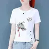 Comércio Exterior Transfronteiriço Roupas para Mães, Camiseta de Manga Curta para Meia-Idade, Caimento Solto, Emagrecedor, Versátil, Blusa com Fenda Irregular