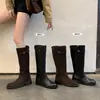 Botas de Talla Grande con Tacón Grueso Simple, Punta Redonda, Caña Recta para Mujer 2026 Otoño Nuevas Versátiles con Hebilla Pequeña Dorada Botas Largas 34-42
