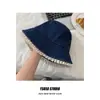 Lindo Sombrero de Pescador Encaje Mezclilla Protección Solar Sombrero de Cubeta Sentido Avanzado Parasol Estilo Universitario Cara Pequeña Sombrero de Cubeta para Mujer