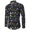 Camisa masculina temática de Natal com estampa 3D de rena, camisa casual confortável e respirável de manga longa