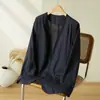 Blazer de Lino para Mujer 2026 Principios de Otoño Nuevo Artístico Retro Holgado Cuello en V Sencillo Sin Botones Top