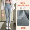 Calça de Algodão Canelado com Etiqueta de Couro para Mulheres, Leggings Térmicas Forradas com Fleece para Outono e Inverno, Espessas, Foscas, Lã de Cordeiro, Cintura Alta, Emagrecedoras, Amigáveis à Pele