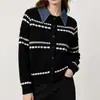 Outono/Inverno 2026 Novo Cardigan de Tricô com Gola de Camisa Color Block Listrado Estilo Coreano Suéter Feminino Falso Duas Peças Tendência