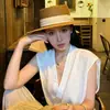 Sombrero de Paja Retro de Ala Plana Estilo Old Money para Mujer, Sombrero de Sol de Playa de Verano, Sombrero con Protección Solar, Fedora de Paja