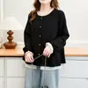 Especial2026 Outono Novo Moda Coreana Elegante Blusa para Meninas Plus Size com Acabamento de Babados Estiloso e Design Falso de Duas Peças 0808