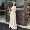 Conjunto de Duas Peças Moda Feminina: Top Protetor Solar Estilo Resort Romântico Boêmio Francês com Saia Longa Crochê Detalhado
