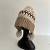 Gorro de Punto con Tres Bolas Estilo Coreano, Abertura Trasera, Forro Polar, Protección para Orejas, para Mujer en Otoño e Invierno, Cálido y a Prueba de Frío, Gorro de Lana