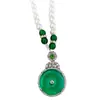 Collar de Perlas Imitación Chalcedony Hielo Verde Alto con Colgante de Calabaza Plateada Hebilla de Paz Cadena para Suéter para Mujer Joyería de Vidrio