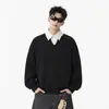 Nueva sudadera retro de retazos a rayas para otoño e invierno, tipo dos piezas con cuello POLO para hombre, top informal holgado para hombre