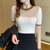 Camiseta de Tricô Listrada Estilo Pequeno Fragrante de Seda de Gelo para Mulheres Verão Fina Elegante Chic Redutora de Idade