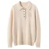 Estilo intelectual~Suéter de tricô feminino com gola polo, mistura de caxemira e lã, simples e elegante, versátil para o trabalho, suéter básico
