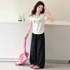 Conjunto de Verano para Niñas Estilo Coreano Camiseta de Manga Corta Ajustada Pantalones de Pierna Ancha con Lunares Conjunto de Dos Piezas para Niños Mayores Estilo Delgado