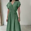 Primavera 2026 Europeu e Americano Algodão Puro Novo Estilo Sexy Decote em V Profundo Manga Curta Camisola Longa Solta Peça Única Respirável Roupa de Casa Feminina