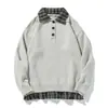 Suéter Retro Jianheng Estilo Japonês Patchwork Xadrez Gola Polo Unissex Falso Duas Peças Camisa Base Tricô Atacado de Fábrica