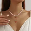 Estilo Pastoral Europeu e Americano Doce Fresco Fofo Argila de Polímero Morango Laço Amor Sobreposição Colar Cor Contrastante Colar de Pérola Imitação para Mulheres
