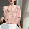 Nuevo cárdigan de ganchillo calado estilo coreano de punto de Lyocell para mujer, manga corta, cuello en V, holgado, simple, adelgazante, camiseta