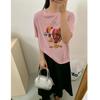 Camiseta de Manga Corta Estampada con Diseño Cool para Reducir la Edad Juvenil para Mujer Verano Copo de Nieve Algodón Hombro Derecho Holgada Look Adelgazante Rosa Top