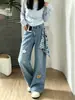 Chao Li tem em estoque jeans retrô tridimensional com bordado de desenho animado para mulheres, novo estilo de outono, calças retas versáteis de perna larga soltas