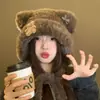 Gorro de tricô para outono e inverno, estilo gato, com abas para as orelhas, forro de pelúcia, espessado para aquecimento, design fofo de desenho animado, faz o rosto parecer menor
