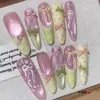 Uñas Portátiles Puramente Hechas a Mano con Lazos Pintados a Mano, Rosa Translúcido Ojo de Gato Verde, Estilo Francés, Sensación de Lujo, Efecto Iluminador, Manicura de Longitud Larga
