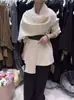Suéter de tricô elegante com gola cachecol estilo francês para mulheres, outono casual folgado emagrecedor com amarração, branco, tamanho único