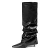 2025 Comércio Exterior Transfronteiriço Novo Bico Fino Salto Agulha Cano Alto Envolvente Slip-On Passarela Botas Saia Plissada Tamanho Grande Botas Femininas