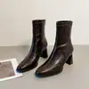 Botines de tacón alto estilo coreano para mujer, nuevo modelo otoño e invierno, botines estilo Martin de punta cuadrada, negros, forrados de felpa, tacón grueso, botas ajustadas