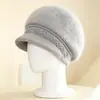 Chapéus de outono e inverno para mulheres de meia-idade e idosas, chapéus de tricô grossos e quentes de pelo de coelho com forro de veludo para senhoras idosas, avós, proteção contra o frio, proteção para as orelhas, chapéus de tricô
