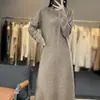 Outono e Inverno Novo Saia 100% Lã Pura Feminina Gola Meia-alta Base Longa Saia Solta Tricô Vestido Suéter Feminino