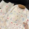Conjunto de pijama feminino Wan Nian Ge de manga longa e calça longa, com um fofo design de elefante e laço, adequado para primavera e outono, tamanho plus, modelagem solta para ficar em casa