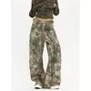 Calça jeans workwear camuflada de galho retrô americana para homens, estilo de rua folgado e versátil para primavera e outono, calça curva solta