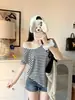 Camiseta de Manga Corta a Rayas Estilo Coreano para Mujer, Colección de Verano, Cuello Redondo, Holgada, Casual, Vanguardista, Reversible, Hueca, Espalda Descubierta, Top Delgado