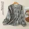 Nova Camisa de Manga Longa Estampada Estilo Étnico Retrô Outono Gola Redonda Solta Emagrecedora Rejuvenescedora