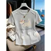 Camiseta de Moda Coreana para Mujer, Versátil, Ajustada, Algodón, Cuello Redondo, Manga Corta, Top de Verano