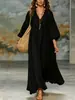 Vestido longo boêmio estilo europeu e americano para mulheres, algodão-linho, decote V profundo, mangas bufantes, corte solto, barra ampla, vestido longo para férias transfronteiriças