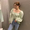 En stock Diseño coreano ins de principios de otoño cuello cuadrado de un solo pecho hombros descubiertos manga larga top camisa ropa de mujer 17318