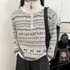 Cardigã Feminino Fair Isle com Zíper Duplo Gola Meia-Alta Color Block Pulôver Suéter de Manga Longa Macio Grudando na Pele Amigável à Pele Moda Versátil
