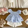 Moda de Verano para Niñas Transfronteriza Nuevo Estilo Coreano Manga Corta Moda de Bebé Moda Cuadros Estampado de Cerezas Ropa Infantil Conjunto de Dos Piezas