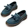 Mocasines Azules con Borlas Crazy Horse para Mujer, Zapatos Pequeños de Cuero Genuino de Caña Baja, Cuero de Primera Capa, Estilo Británico, Zapatos Casuales de Moda para Estudiantes con Punta Redonda