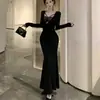 Vestido longo sexy estilo transfronteiriço, falso duas peças, cor sólida, renda emendada, plissado, para mulheres, outono, modelagem justa, acinturado, estilo sereia