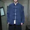 Camisa larga de manga larga de gran tamaño para hombre para primavera y otoño, estilo chino con cuello abotonado, chaqueta tipo traje Tang, corte holgado, color liso, camisa casual de algodón y lino