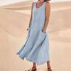 Site Independente da Amazon Wish2023 Verão Europeu e Americano Comércio Exterior Bolso Sem Mangas Gola Redonda Vestido Feminino de Algodão e Linho