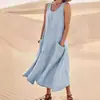 Sitio Independiente de Amazon Wish2026 Vestido de Algodón y Lino para Mujer de Bolsillo sin Mangas Cuello Redondo de Comercio Exterior Europeo y Americano de Verano