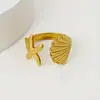Anillo Abierto Ajustable Nuevo Estilo de Concha Marina y Estrella de Mar, Acero Inoxidable Dorado de 18K, No se Desvanece, Joyería Unisex
