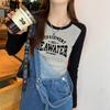 Camiseta de Manga Larga con Bloques de Color de Algodón Puro para Mujer, Nuevo Diseño Otoño 2024, Top Ajustado de Nicho con Mangas Ranglán, Camiseta Base