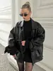 Chaqueta de Cuero Marrón Retro Transfronteriza para Mujer Europea y Americana de Gama Alta Holgada Cuello de Traje Chaqueta de Cuero de Longitud Media Ropa de Mujer