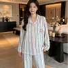Pijama de Manga Larga con Borde de Color Contrastante para Mujer, Primavera y Otoño, Cardigan con Solapa, Algodón Nube, Doble Estampado Largo, Ropa de Casa, Conjunto de Dos Piezas