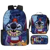 Mochila escolar de tres piezas con diseño de dibujos animados de Stitch, ideal para estudiantes de primaria y secundaria.