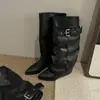Hebilla de Cinturón Versión Piel de Vaca Retro de Nicho Chica Picante Botas de Caballero Pantalón con Pierna Desmontable para Mujer Botas de Punta Hasta la Rodilla